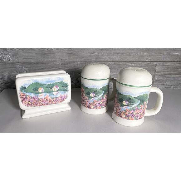 Treasure Craft Salt Pepper Shakers Napkin Holder French Village Made in USA - Picture 1 of 9